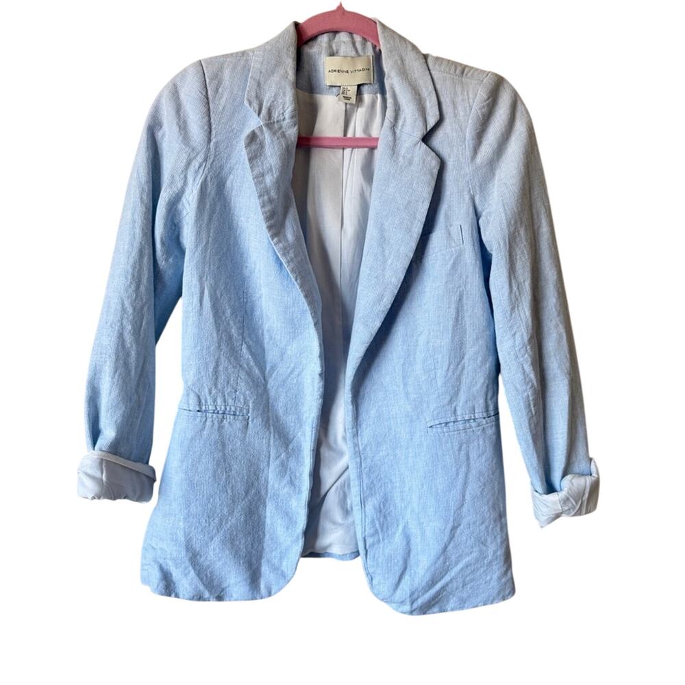 Adrienne Vittadini Blue Pinstriped Linen Blend Blazer Jacket Womens S Classic